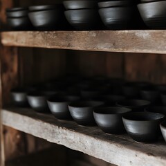 Dark Grey Pottery Bowls on Rustic Wooden Shelves