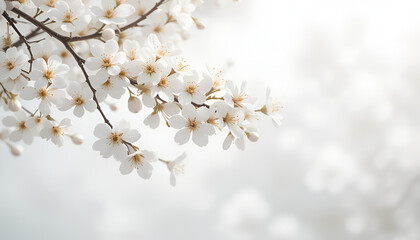 Serene white background with delicate white cherry blossoms.