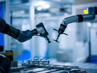 Robotic Arms Operating in an Automated Industrial Assembly Line. Advanced robotic arms perform precise operations on an automated assembly line in an industrial setting, showcasing modern technology.