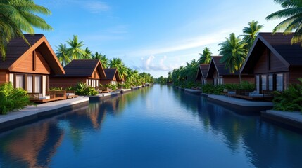A serene view of wooden bungalows lining a tranquil waterway, surrounded by lush palm trees and a clear blue sky.