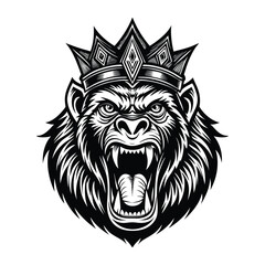 Fierce gorilla face vector illustration, hand drawn style, detailed vector, monochrome design, isolated on a white background