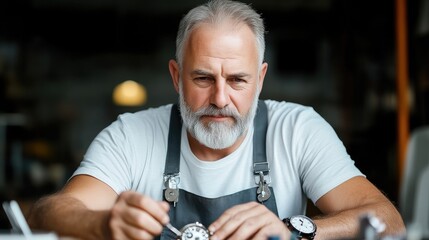 Focused watchmaker meticulously working