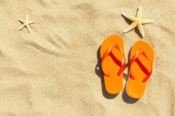 Bright Orange Flip Flops And Starfish On Sandy Beach Your Gateway To Vacation Relaxation Closeup Of Sunny, Warm Sand, Inviting You To Flip, Kick Back, And Enjoy Beach Vibes With These Flip flop Shoes