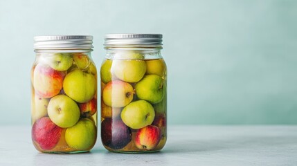 Apple cider vinegar wellness and metabolism, Two jars filled with colorful apples, showcasing a vibrant mix of green and red varieties against a soft, pastel backdrop.