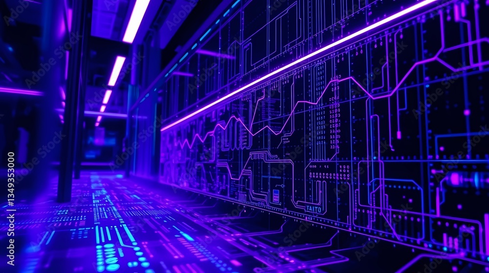 Poster cybernetic data hub: a mesmerizing display of futuristic technology unfolds in a neon-lit data cente