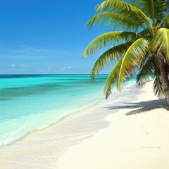 Obraz premium Escape To Paradise Perfect Tropical Beach Scene With White Sand, Turquoise Water, Palm Trees, And Dream Vacation Shore, Inviting Tranquility