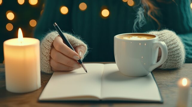 Summer vacation travel exploration candid photo. Cozy Cafe Scene with Hands, Coffee, Notebook, and Candlelight - Powered by Adobe