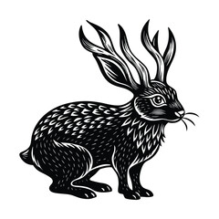 Jackalope, Rabbit vector illustration, hand drawn style, detailed vector, monochrome design, isolated on a white background