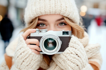 Photographer holds a vintage film camera while capturing a winter moment in a snowy location