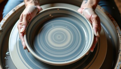 Obraz premium Potter shaping a ceramic plate on a spinning wheel 