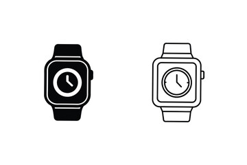 Smartwatch Icons Black Filled and Outline Styles, Time Display