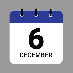 Vector illustration of a calendar icon showing dates and events. December 6 Calendar Icon &ndash; Flat Design, Minimalist Date Illustration