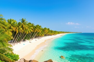Obraz premium Idyllic Tropical Beach Scene Long Stretch Of White Sand Meets Crystal Clear Turquoise Water Under Bright Blue Sky With Palm Trees, Serene And Idyllic, Perfect Beach Day