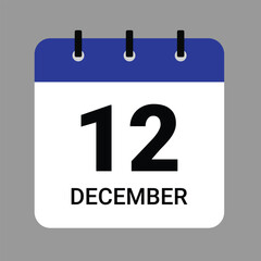 Vector illustration of a calendar icon showing dates and events. December 12 Calendar Icon – Flat Design, Minimalist Date Illustration