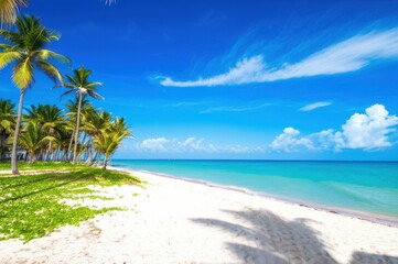 Fototapeta premium Tropical Paradise Sun Kissed White Sand Beach With Turquoise Ocean, Palm Trees, And Blue Sky Scene For Relaxation And Coastal Bliss