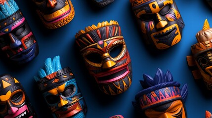 Eclectic collection of intricately designed tribal masks on a vibrant blue backdrop