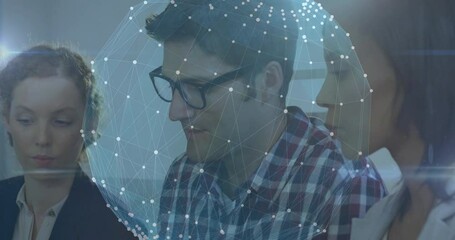 Collaborating in office, diverse team with digital animation overlaying discussion - Powered by Adobe