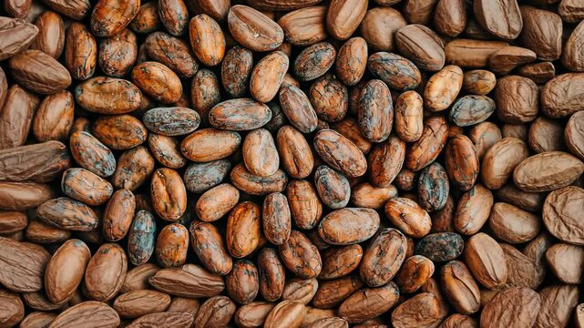 Richly textured organic cocoa beans scattered across warm surface evoke essence of natural agriculture, celebrating beauty of brown food and culinary harvest.