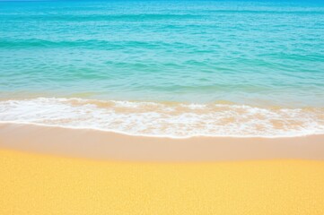 Tranquil Coastal Beauty Bright Yellow Beach Meets Blue Turquoise Sea, Embracing White Foam Where Water Kissed Shore, Evoking Serene Environment