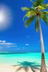 Blue Beach Paradise Summer Serenity Under Sun Turquoise Ocean Palm Tree Shadow On Sandy Shore With Island Escape Azure Sky Perfect Summer Getaway