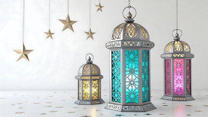 Extravagant lanterns in gold and white over a lavish Arabian, Luxurious Arabian background with ornate lanterns, Arabic Ornamental Patterned Background, Luxurious Arabian