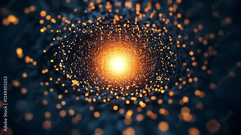 Poster mesmerizing cosmic swirl of glowing particles bright center creating depth and motion, evoking abstr