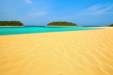 Golden Sandbar Paradise Turquoise Waters Sunny Daydream View Of Tropical Landscape With Clear Skies, Green Islands Serene Coastal Beauty