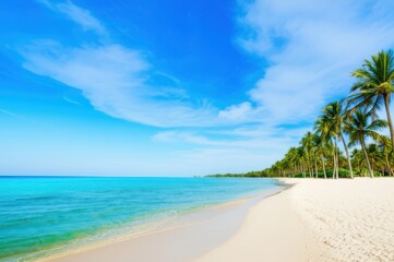 Experience Pure Tranquility Tropical Paradise With White Sand Beach, Blue Turquoise Waters, And Stunning Coastal Beauty Under Bright Blue Sky