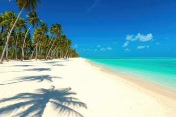 Escape To Paradise White Sand Beach With Palm Trees, Turquoise Water, And Blue Sky Discover Natural Beauty Of This Tropical Beach Scene
