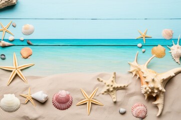 Stunning Overhead Shot Coastal Beach Image Featuring Turquoise Ocean, Fine Sand, And Spiral Seashells Top-Down View Of Summery Escape With Blue Skies