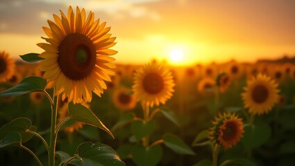 Fototapeta premium Sunflower Field Sunset Glow