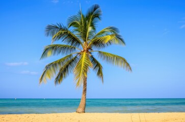 Escape To Paradise Tropical Beach Serenity With Towering Palm Tree, Turquoise Ocean, And Sandy Shoreline Background, Embracing Calm Blue Water