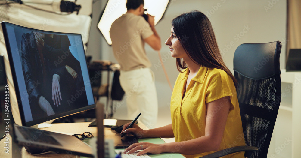 Aufkleber studio, woman and picture editor on computer with post production software on graphic tablet. retouc