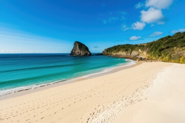 Panoramic White Beach Paradise Sunny Blue Sky Over Turquoise Waters Rocky Green Island Witness Natural Beauty Of Fine White Sand, Perfect For Relaxing Getaway