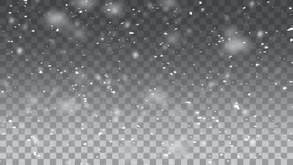 White snowflakes on a transparent background. Snow flakes, snow background. Heavy snowfall, snowflakes in different shapes and forms.