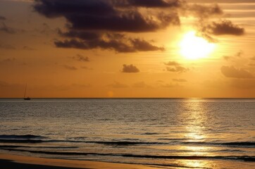 Golden Sunset Beach Tranquility Suns Orange Glow On Calm Surface, Dark Clouds Frame Yellow Sky, Reflecting Beauty On Water Sailboat Amidst Sunlit Waves