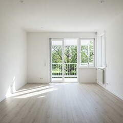 Obraz premium Interior of empty spacious living room with white walls and laminated floor with doors leading to balcony