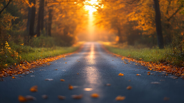 A sunlit autumn path invites peaceful reflection, promising new beginnings along a tree-lined road with warm golden light and soft focus.