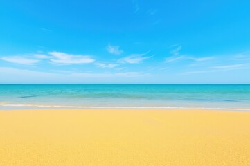 Golden Sand Meets Turquoise Ocean Serene Coastal Scene With Bright Blue Sky Perfect For Relaxation On Shoreline, Capturing Beauty Of Coast
