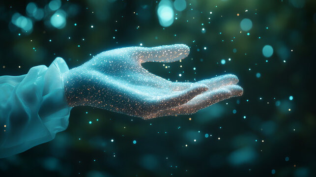 A gentle hand, radiating ethereal light, offers a constellation of shimmering hope amidst a teal twilight, with soft bokeh effects.