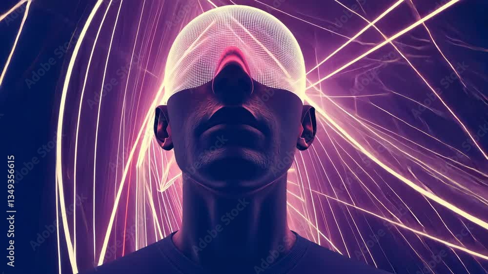 Poster futuristic portrait of person with mesh mask, surrounded by neon lights and abstract patterns, evoke