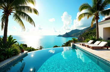 Fototapeta premium luxurious hotel resort with a breathtaking vista of sparkling azure sea, lush tropical gardens, and infinity pool in early morning light 