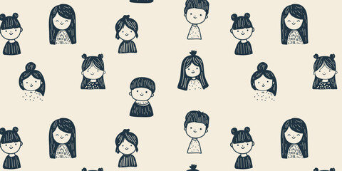 Hand drawn cartoon faces of children in seamless design