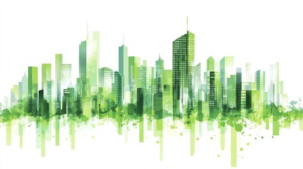 Abstract green city skyline, artistic, environmental, illustration, urban landscape, suitable for print or website background
