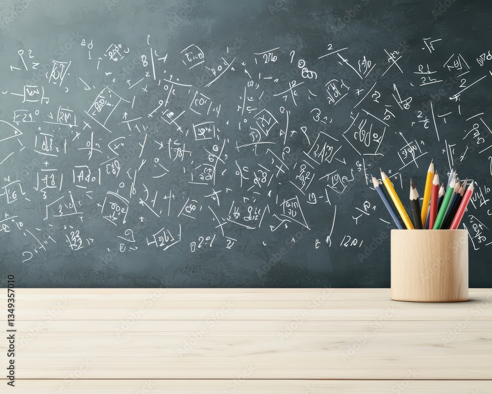 Poster a chalkboard with a bunch of numbers and symbols on it