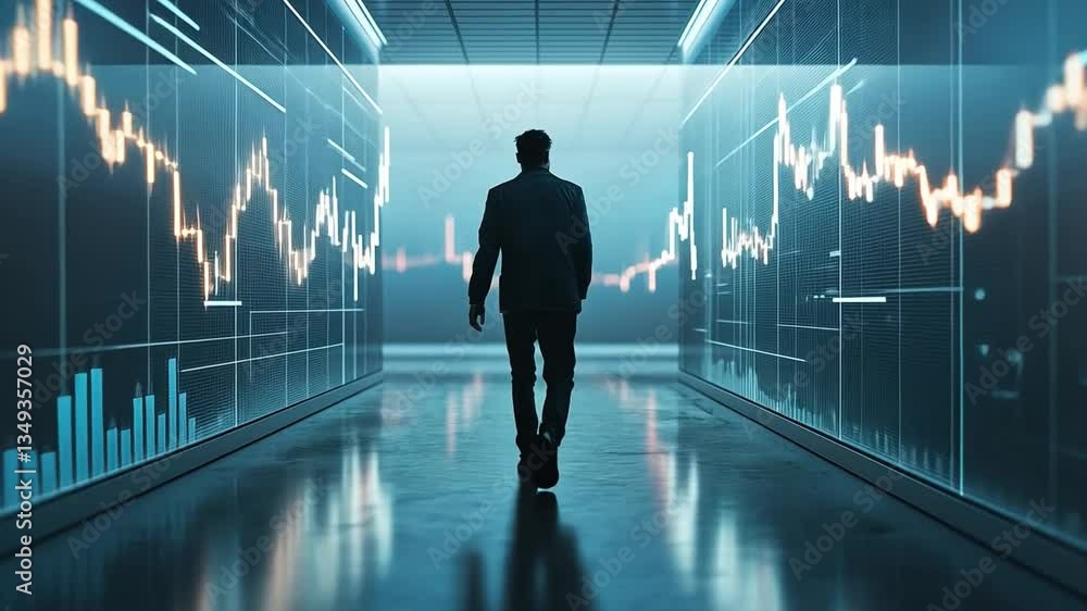 Poster exploring business trends professionals journey through futuristic corridor of digital financial gra