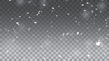 Falling snowflakes in transparent beauty, delicate and small, isolated on a clear background. Snowflake elements, snowy backdrop. Vector illustration of intense snowfall, snowflakes.