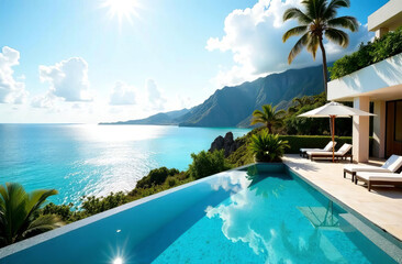 luxurious hotel resort with a breathtaking vista of sparkling azure sea, lush tropical gardens, and infinity pool in early morning light 