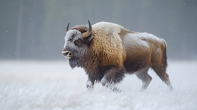 A majestic European bison, powerfully moving through a snowy winter landscape, its thick fur dusted with frost, a symbol of untamed wilderness.