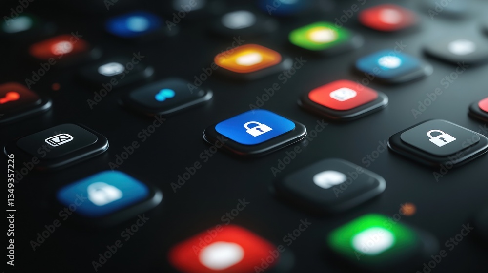 Poster cybersecurity interface: digital lock buttons on a dark interface